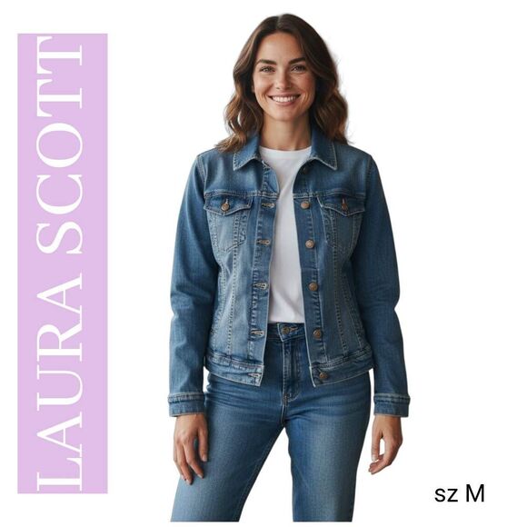 Laura Scott Lightweight Medium Blue Denim Stretchy Jean Jacket - Picture 12 of 12